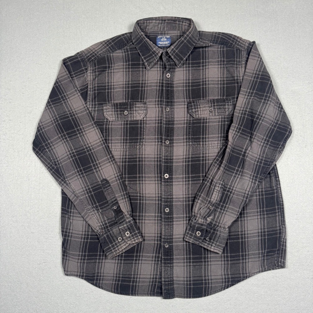 Faded Glory Mens Flannel Shirt L Gray Black Plaid Cotton Button Up Long Sleeve